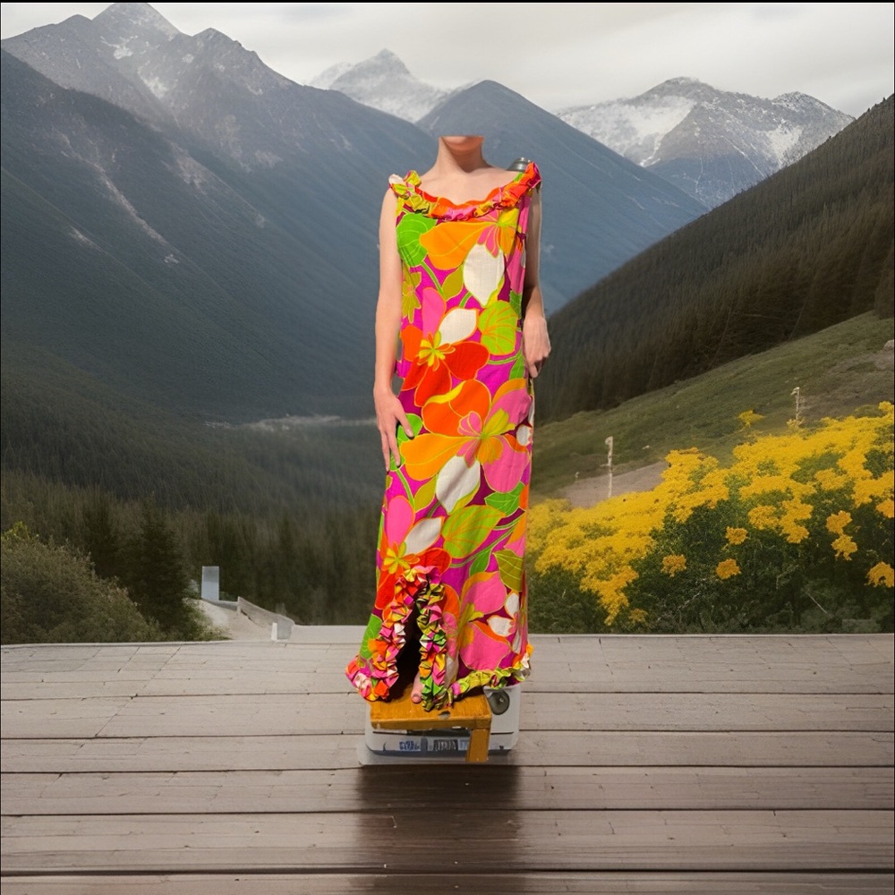 Vtg Alice Polynesian 70s Hawaiian Floral Dress Psychedelic Ruffles Hippie pink